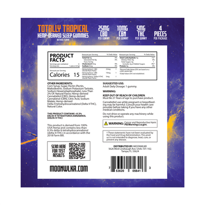 Products facts and ingredients for Moonwlkr CBD : CBN : THC Sleep - Totally Tropical sample pack gummies
