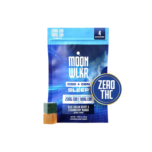 Moonwlkr CBD and CBN sleep gummies sample pack in flavors blue dream berry and strawberry mango with sticker that says ZERO THC