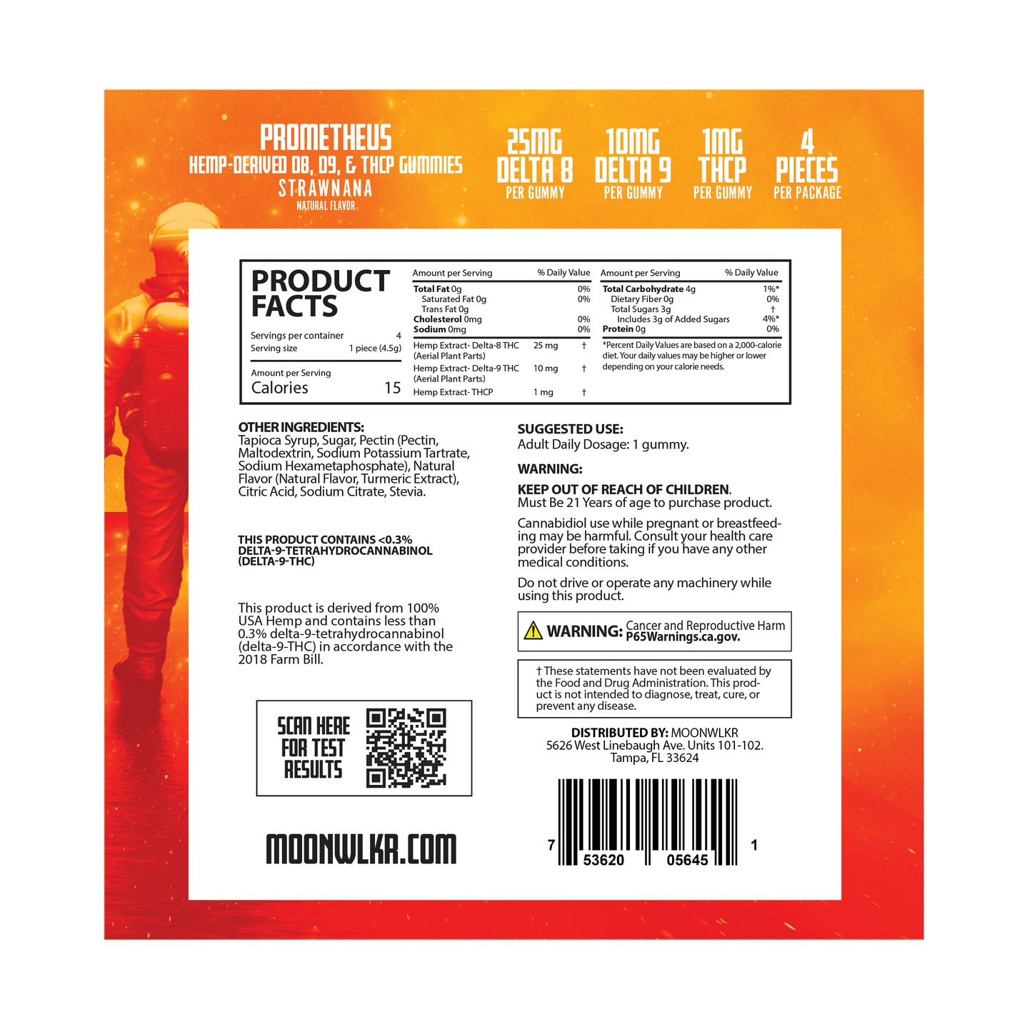 Products facts and ingredients for Moonwlkr THCP sample pack gummies in flavor Strawnana