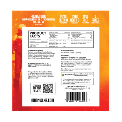 Products facts and ingredients for Moonwlkr THCP sample pack gummies in flavor Strawnana