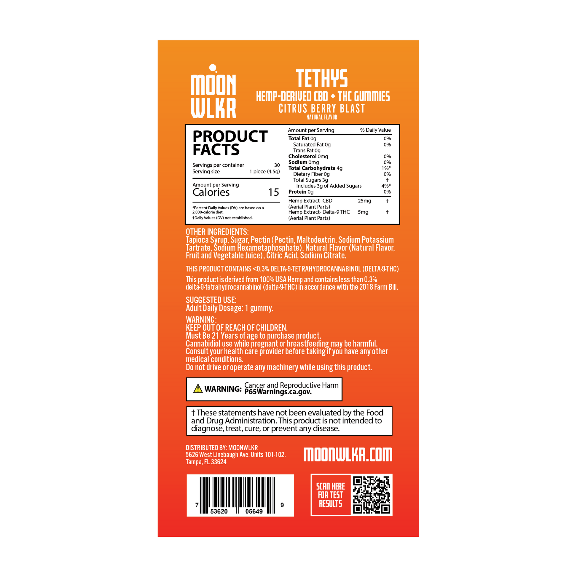 Product facts and ingredients for Moonwlkr CBD + THC gummies - citrus berry blast