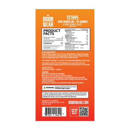 Product facts and ingredients for Moonwlkr CBD + THC gummies - citrus berry blast