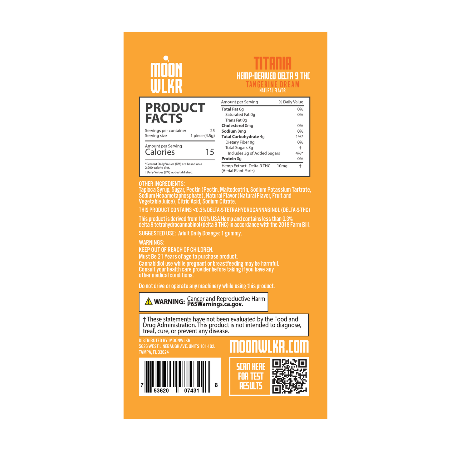Products facts and ingredients for Moonwlkr Delta 9 THC gummies in tangerine dream flavor