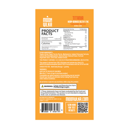 Products facts and ingredients for Moonwlkr Delta 9 THC gummies in tangerine dream flavor