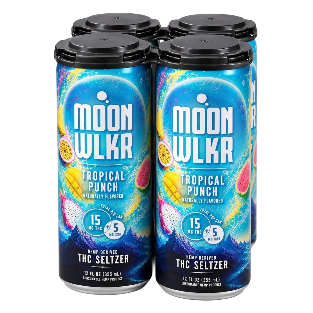 Four Moon WLKR Tropical Punch hemp-derived THC seltzer cans arranged in a 2x2 pack on a white background.