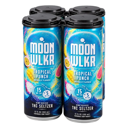 Four Moon WLKR Tropical Punch hemp-derived THC seltzer cans arranged in a 2x2 pack on a white background.