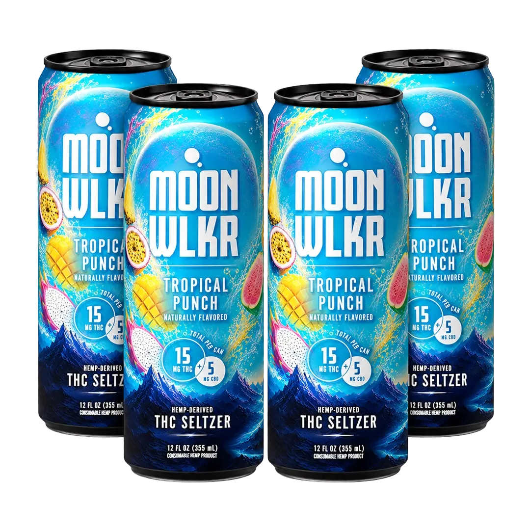 Four cans of Moonwlkr Tropical Punch THC Seltzer arranged in a 2x2 grid on a plain white background. The cans are dark blue with bright tropical artwork including watermelons, passion fruit, and mountain graphics, plus large white Moonwlkr branding and flavor text.