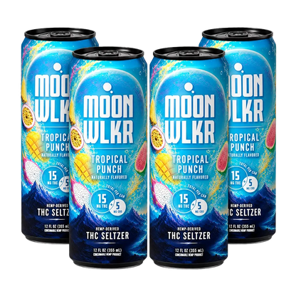 Four cans of Moonwlkr Tropical Punch THC Seltzer arranged in a 2x2 grid on a plain white background. The cans are dark blue with bright tropical artwork including watermelons, passion fruit, and mountain graphics, plus large white Moonwlkr branding and flavor text.