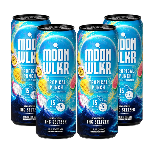 Four cans of Moonwlkr Tropical Punch THC Seltzer arranged in a 2x2 grid on a plain white background. The cans are dark blue with bright tropical artwork including watermelons, passion fruit, and mountain graphics, plus large white Moonwlkr branding and flavor text.