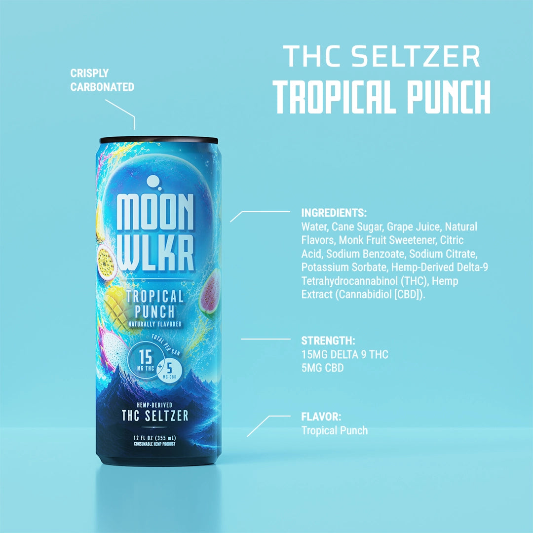 THC Seltzer in Tropical Punch flavor with 15mg Delta 9 THC and 5mg CBD per can with the callouts of the ingredients, strength, and flavor.