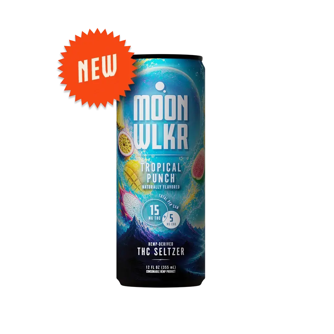 A single can of Moonwlkr Tropical Punch hemp-received Delta 9 THC + CBD seltzer on a plain white background, with an orange starburst sticker reading NEW placed above the can.