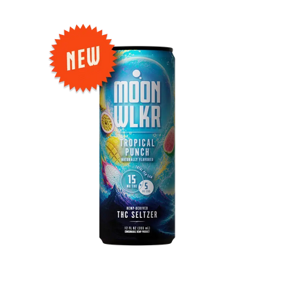 A single can of Moonwlkr Tropical Punch hemp-received Delta 9 THC + CBD seltzer on a plain white background, with an orange starburst sticker reading NEW placed above the can.
