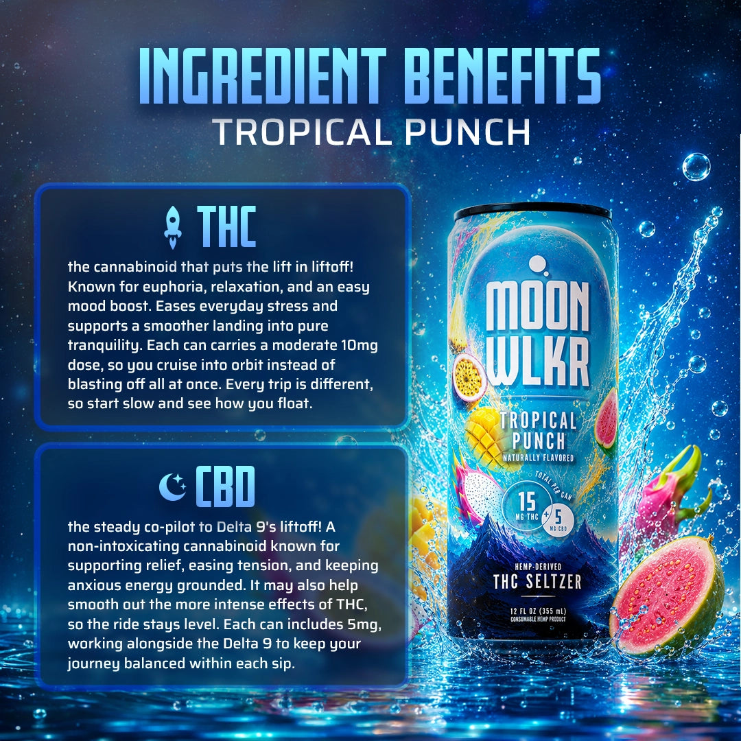 A promotional graphic for Moonwlkr Tropical Punch Delta 9 THC drink showing a can of the beverage on a dark blue water-themed background with text detailing the benefits of THC and CBD.
