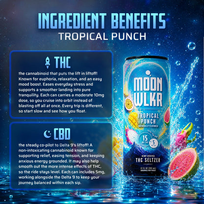 A promotional graphic for Moonwlkr Tropical Punch Delta 9 THC drink showing a can of the beverage on a dark blue water-themed background with text detailing the benefits of THC and CBD.