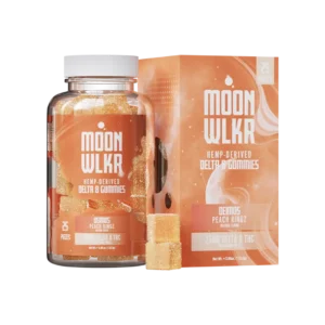 Bottle of Moonwlkr Delta 8 Gummies Flavor Peach Ringz