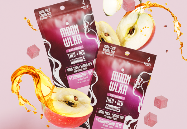 Moonwlkr THCV sample packs with fruit around them
