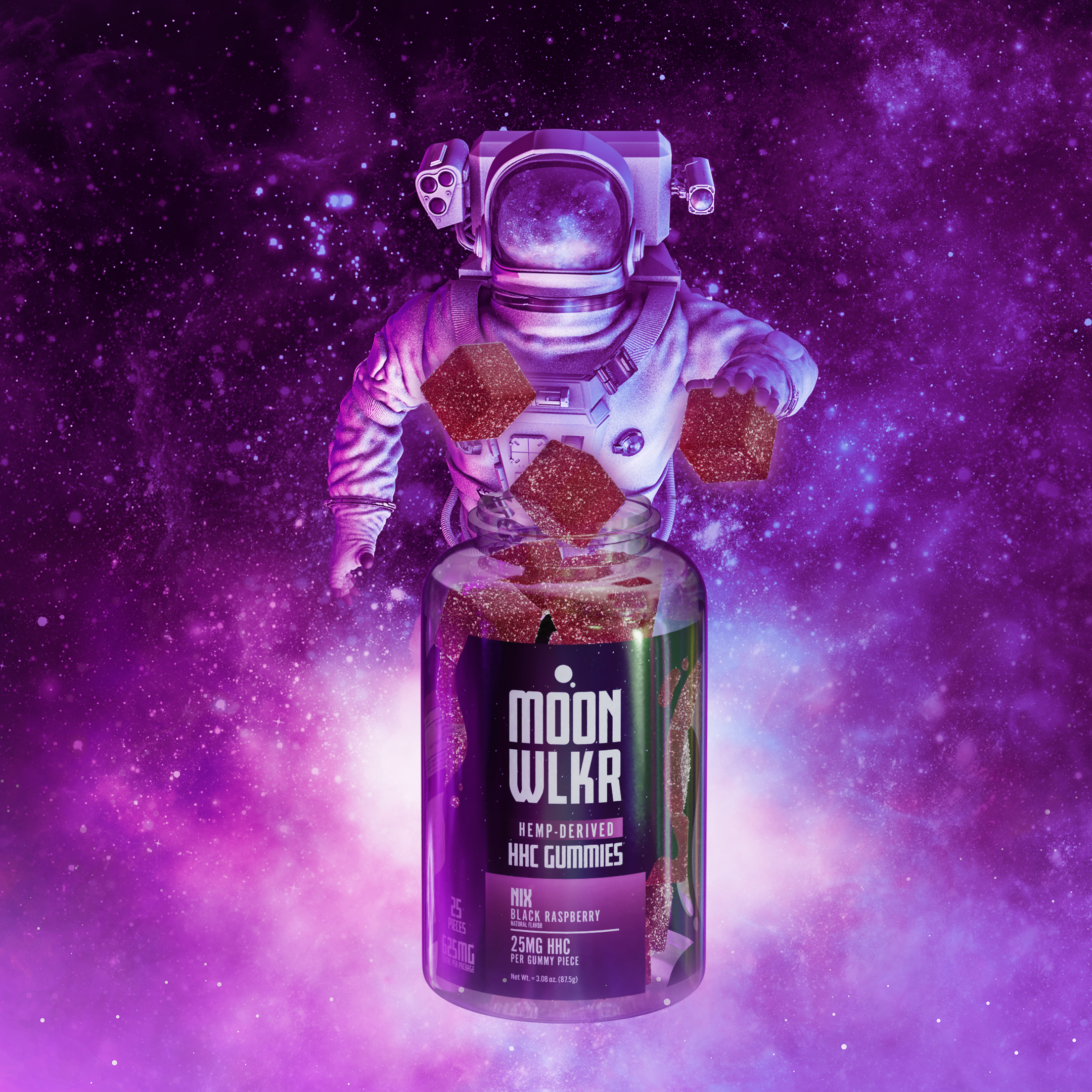 Bottle of HHC gummies bursting in front of an astronaut