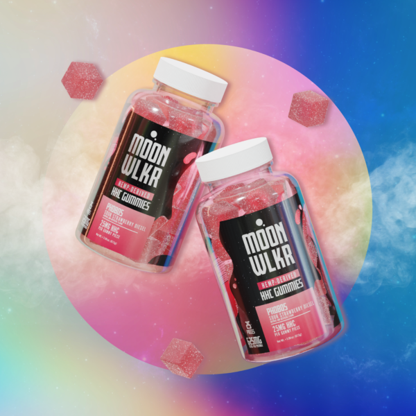 Bottles of Moonwlkr HHC Gummies in a pastel sky