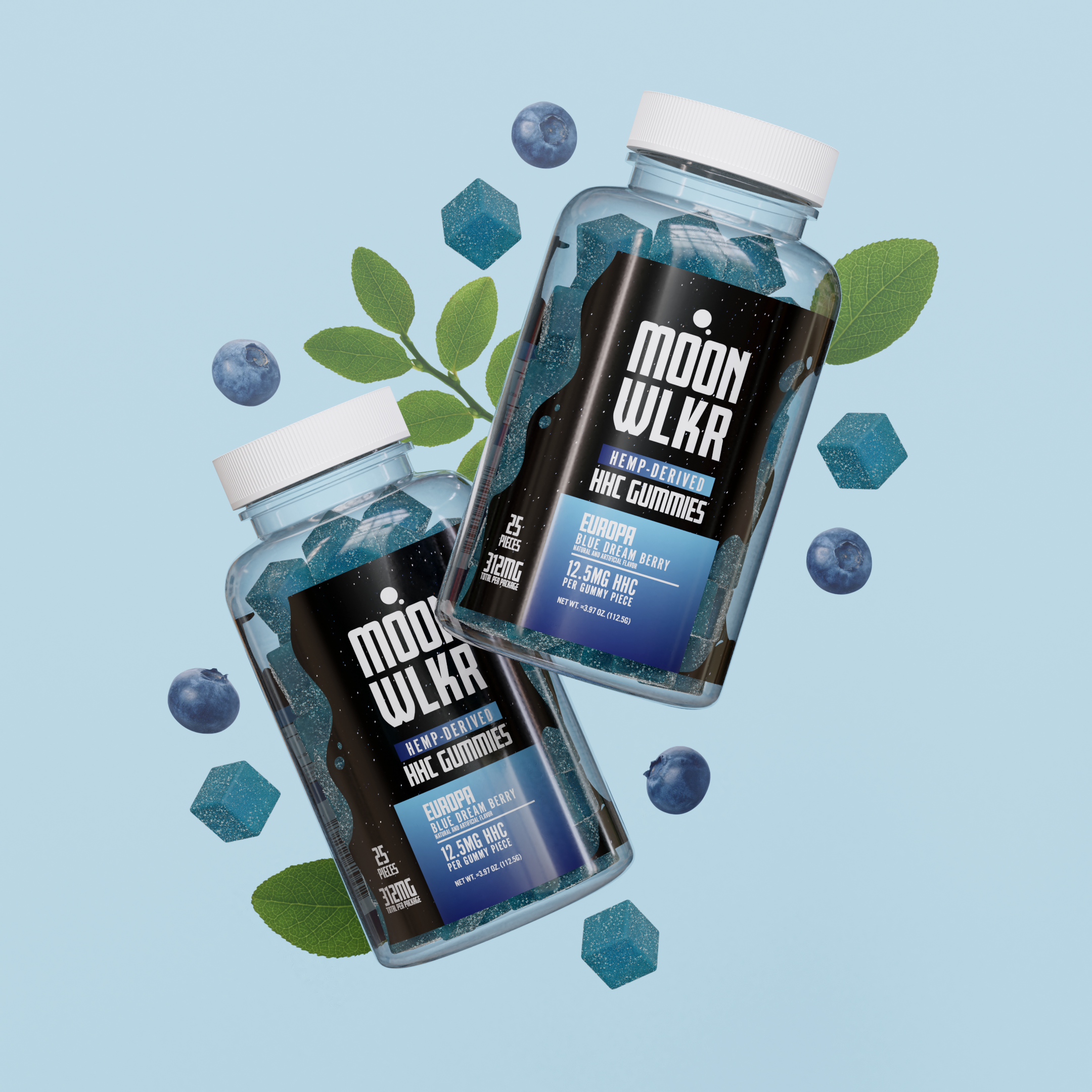 HHC gummies bottles in flavor blue dream berry surrounded by blueberries
