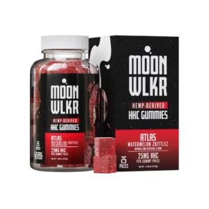 bottle and packaging of Moonwlkr HHC gummies in flavor watermelon Zkittles