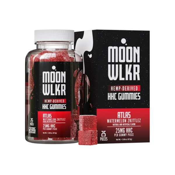 bottle and packaging of Moonwlkr HHC gummies in flavor watermelon Zkittles