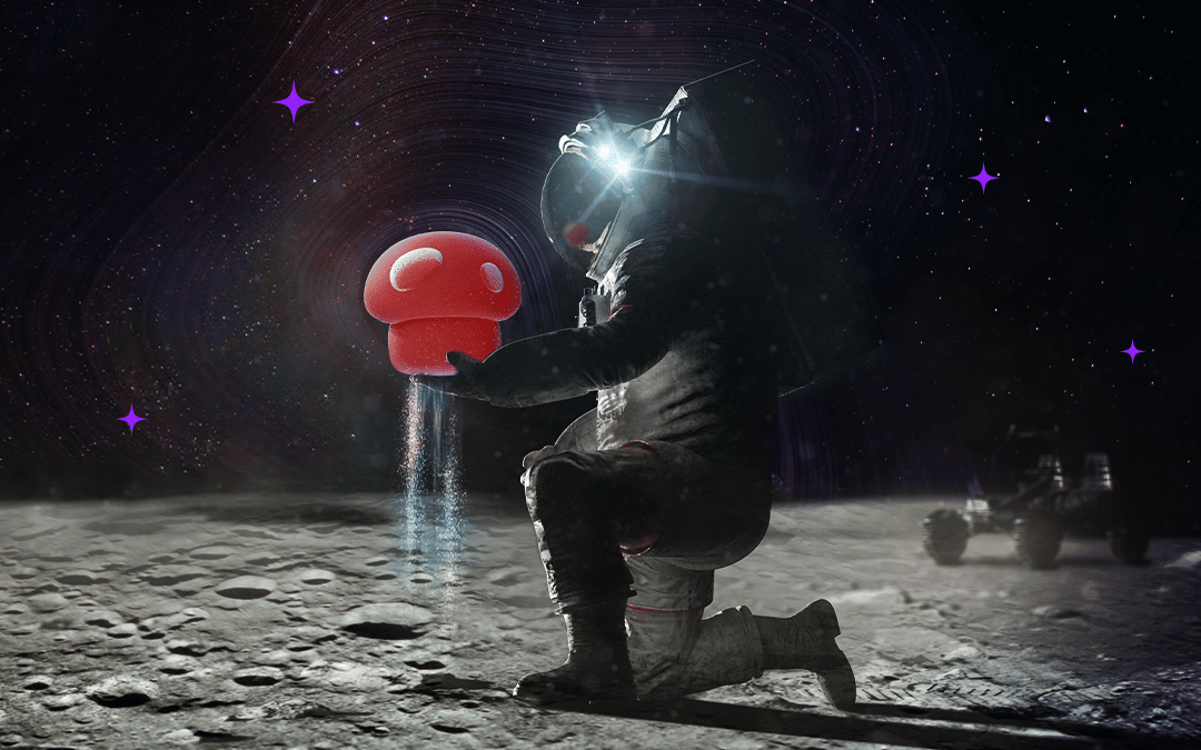 astronaut holding a mushroom in space