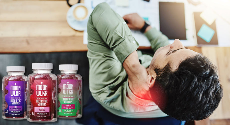 A man with neck pain and bottles of delta 9 gummies