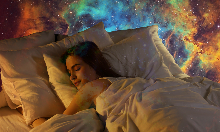 Woman sleeping in a bed in the galaxy