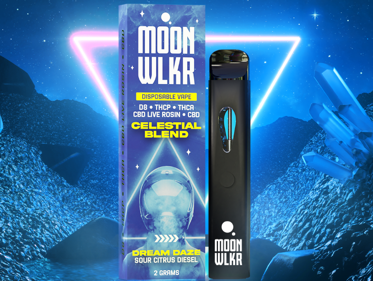 Moonwlkr Celestial blend D8, THCP, THCA, CBD live rosin, CBD vape packaging and vape on the moon