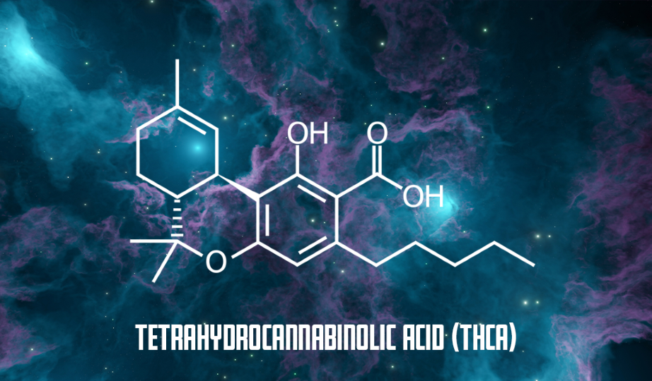 Diagram of THCA tetrahydrocannabinolic acid chemical structure with galaxy background