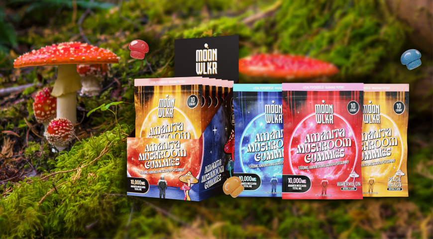 Packages of Moonwlkr Amanita gummies in flavors Blue Raspberry, Watermelon, and Peach Mango next to mushrooms in the wild