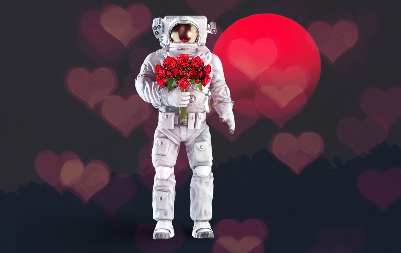 Astronaut holding a bouquet of red roses in front of a red moon and hearts