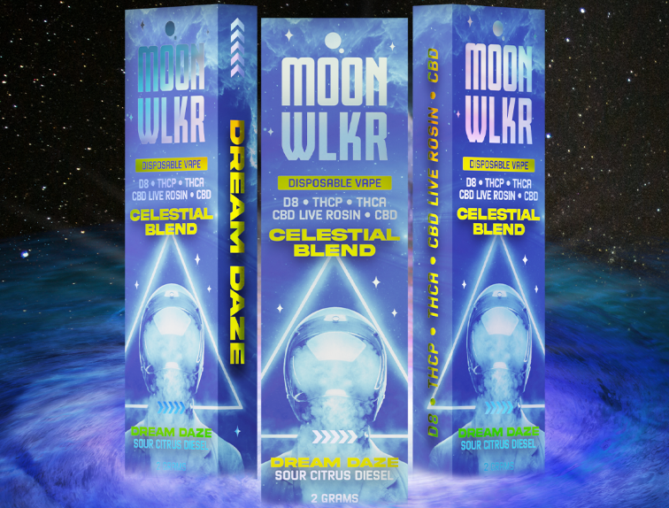 Moonwlkr Celestial Blend of Delta-8, THCP, THCA, CBD Live Rosin, and CBD Disposable Vape Product Packaging