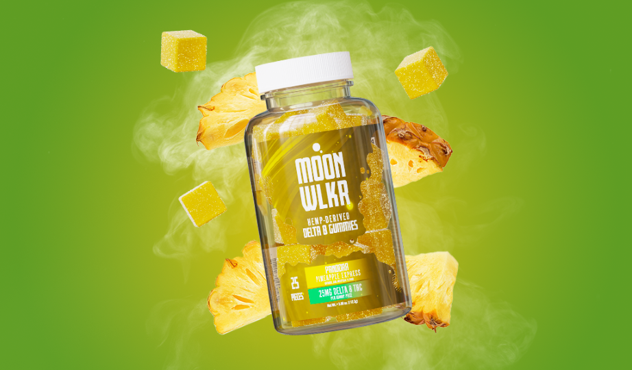 Bottle of Delta-8 Pineapple Express flavored gummies surrounded by smoke and pineapple chunks