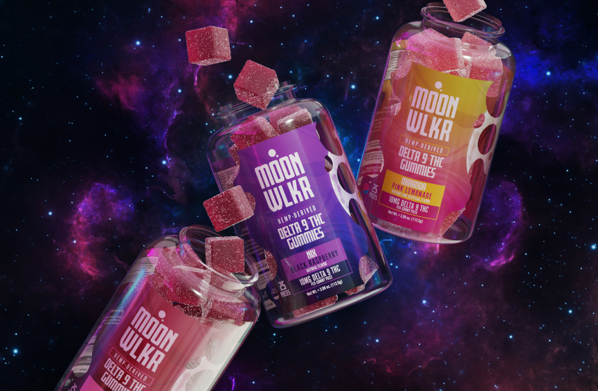 Bottles of Delta-9 gummies in flavors Pink Lemonade, Black Raspberry, and Sangria floating in outerspace