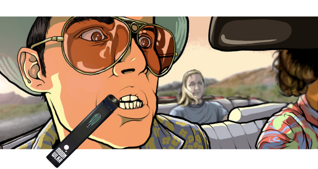 Cartoon graphic of three men driving in car with the top down while one has a Moonwlkr vape in his mouth
