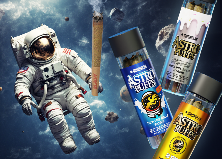 THCA pre-rolls in strains sativa, indica, and hybrid floating in space with an astronaut