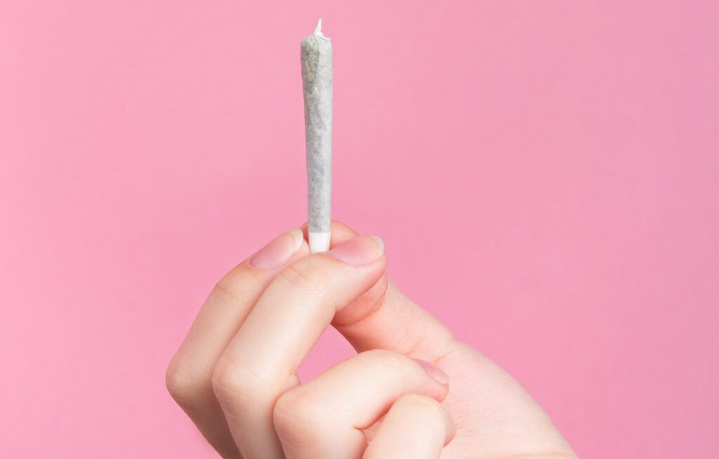 THCA Pre-rolled joint being held straight up by a hand in front of pink backdrop