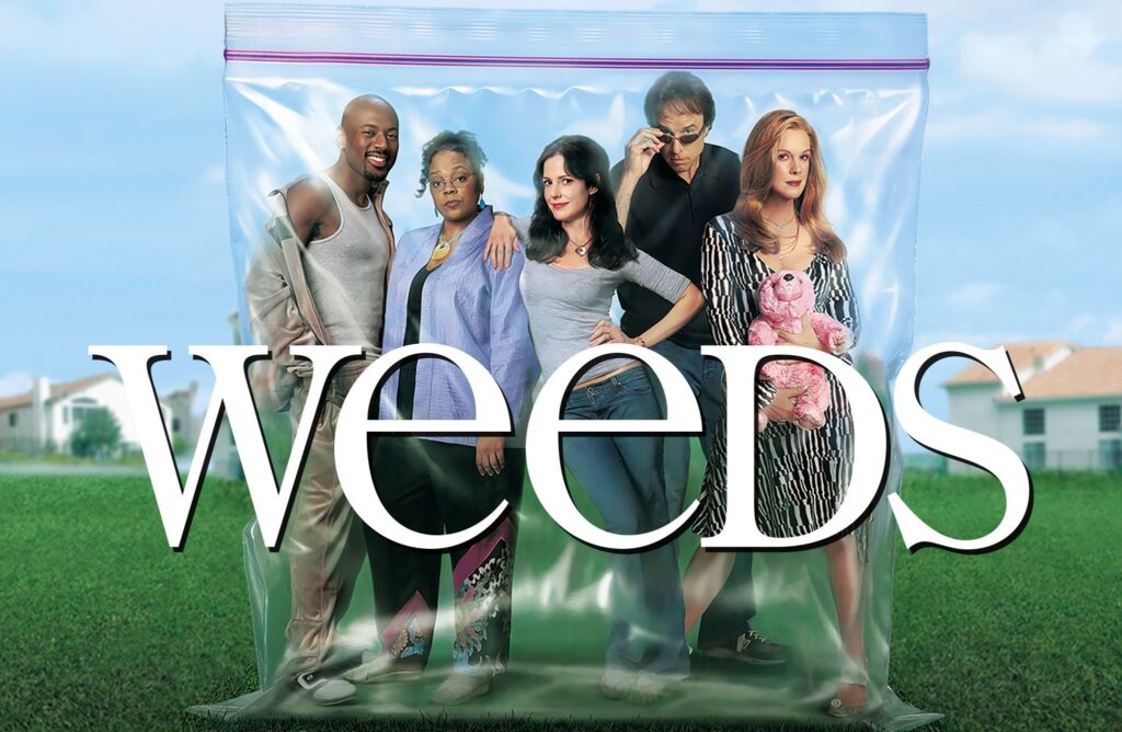 Characters standing inside a plastic bag from one of the best television series to watch stoned, Weeds