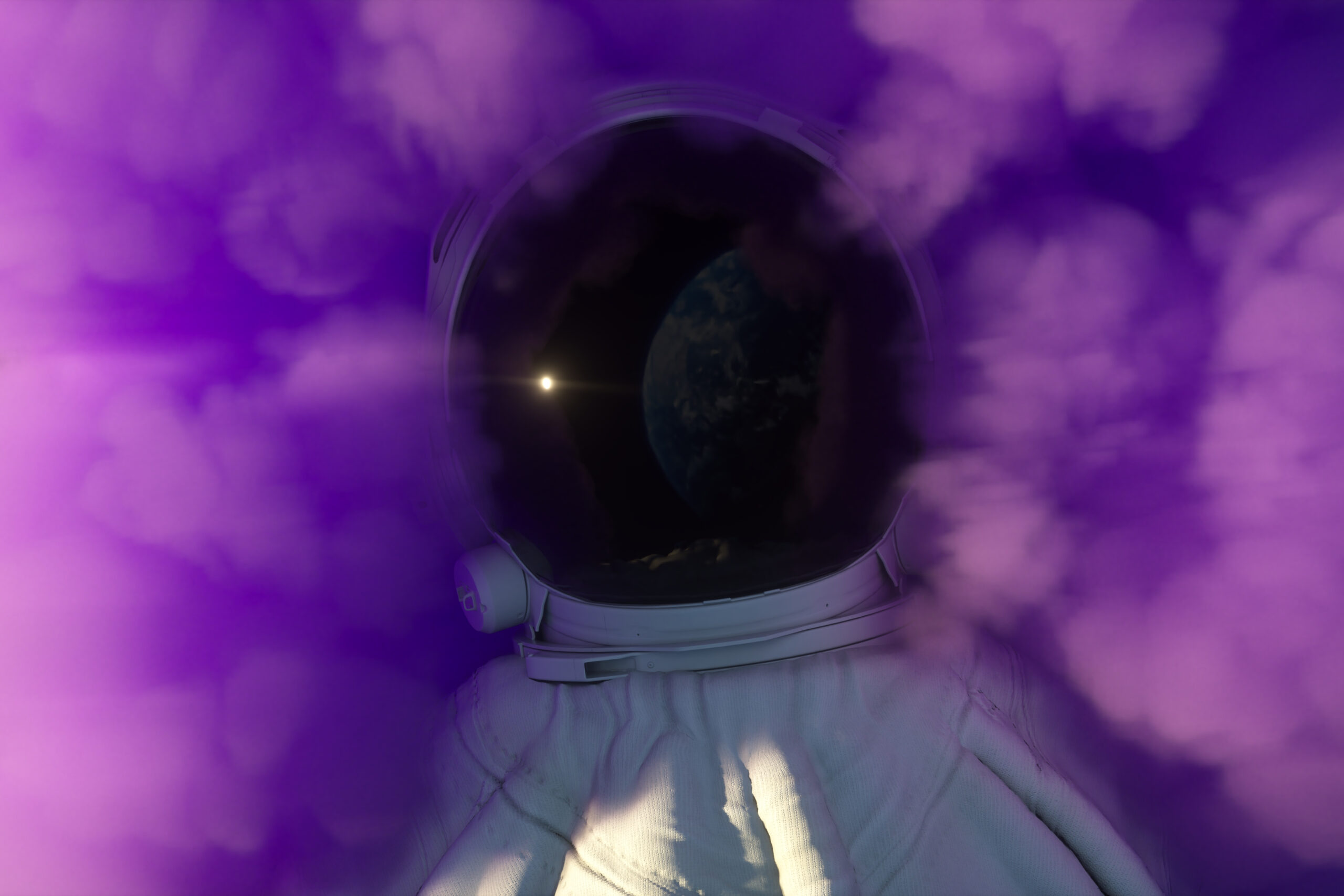 An astronaut laying in a cloud of purple smoke