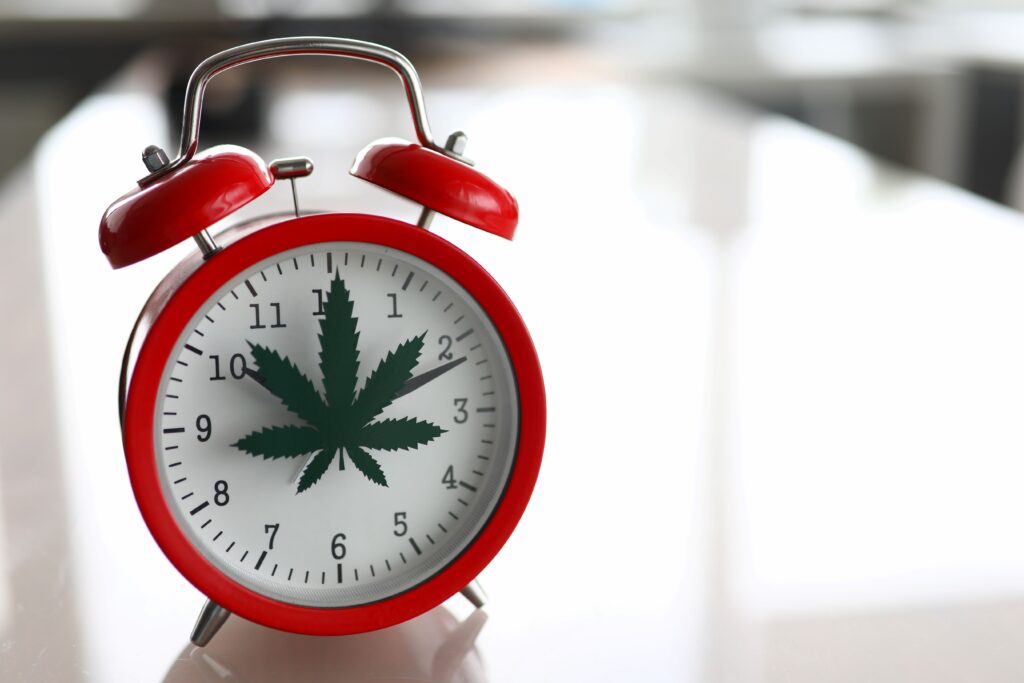 A red analog clock with a cannabis leaf in the middle of it