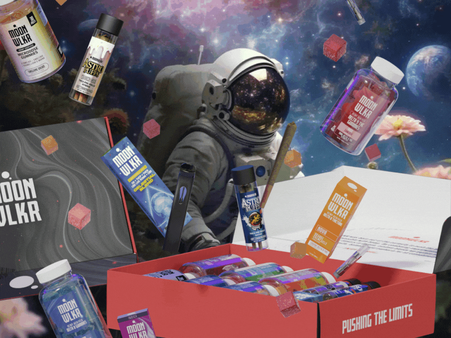 Moonwlkr shipping box full of products with products floating in space with "happy 4/20" message