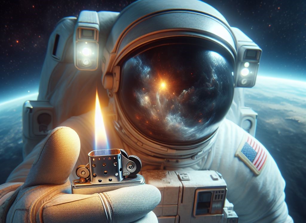 An astronaut holding a lit zippo lighter in space