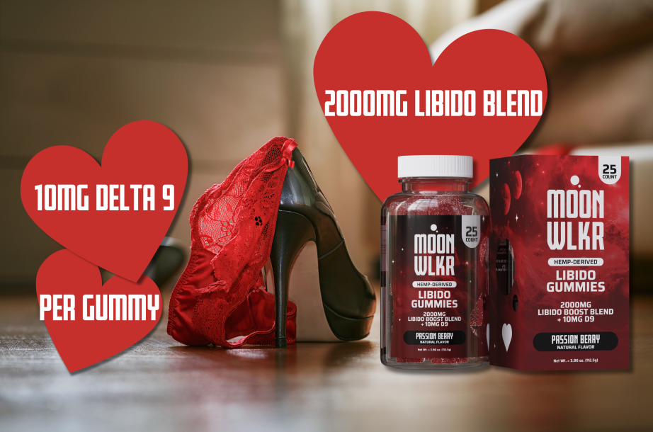 Heels on the floor next to a bottle of libido gummies