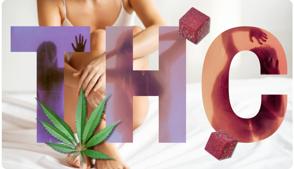 the letters THC with women silhouettes and edibles